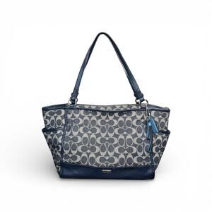 Coach Blue Signature Canvas Tote with Leather Trim
